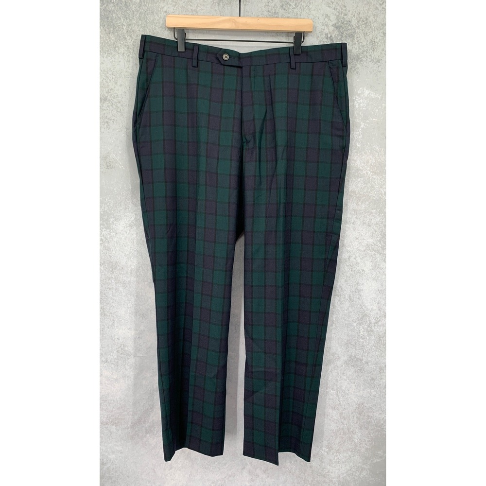 Berle Dress Pants Mens 38x30 Green Blackwatch Plaid Wool Flat Front Trousers